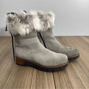 MANAS Gray Suede Fur Trim Lug Sole Ankle Boots EU 37 US 6.5 EUC